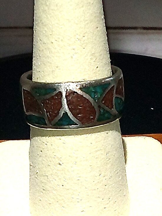 Jewelry - Sterling Inlaid turquoise and coral band ring Size 8.50